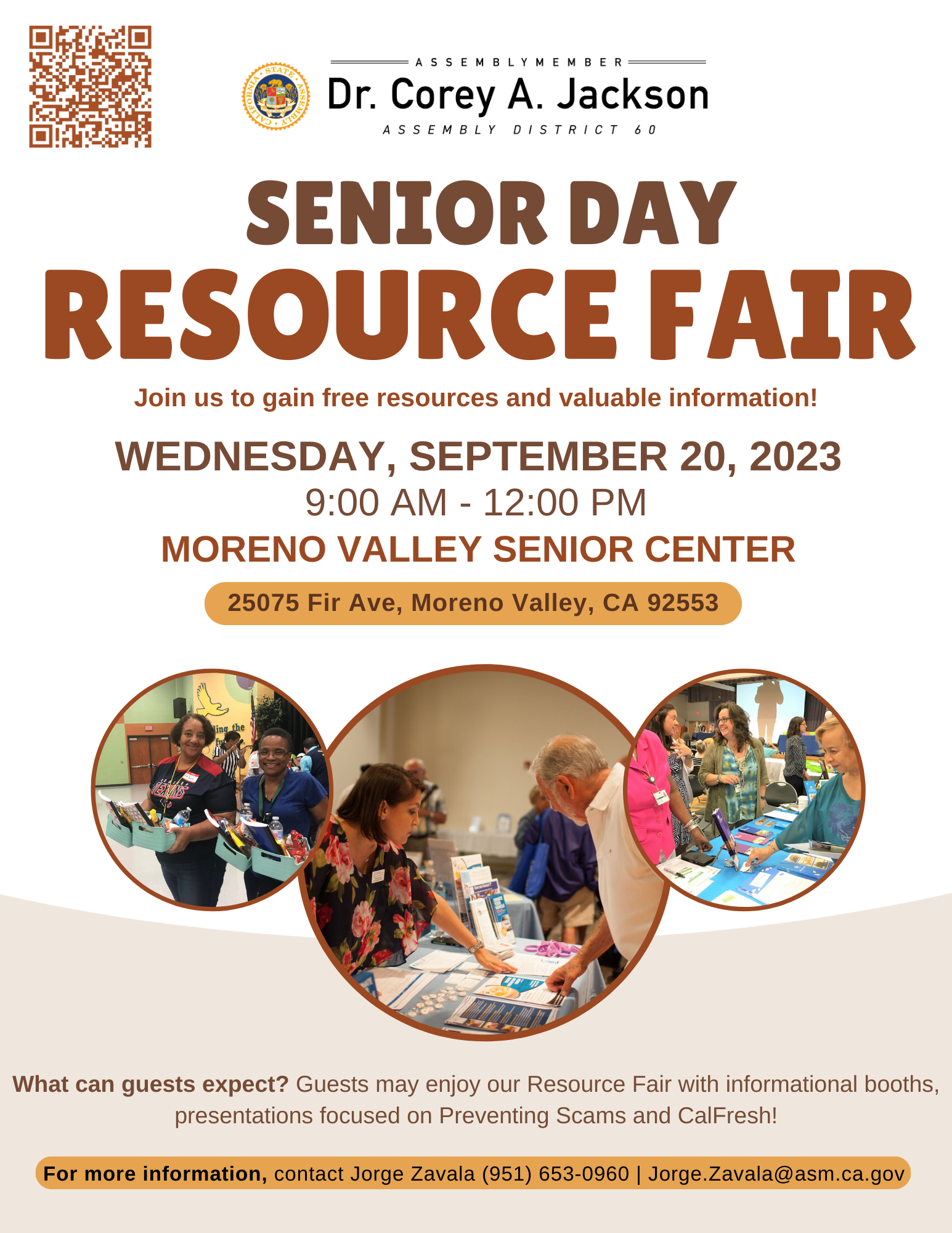 Senior Day Resource Fair Flyer, with event details and photos of seniors at resource fair.