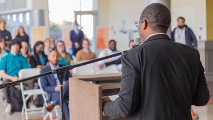 Assemblymember Dr. Jackson speaking to a crowd. 