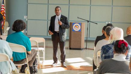 Assemblymember Dr. Jackson speaking to a crowd. 